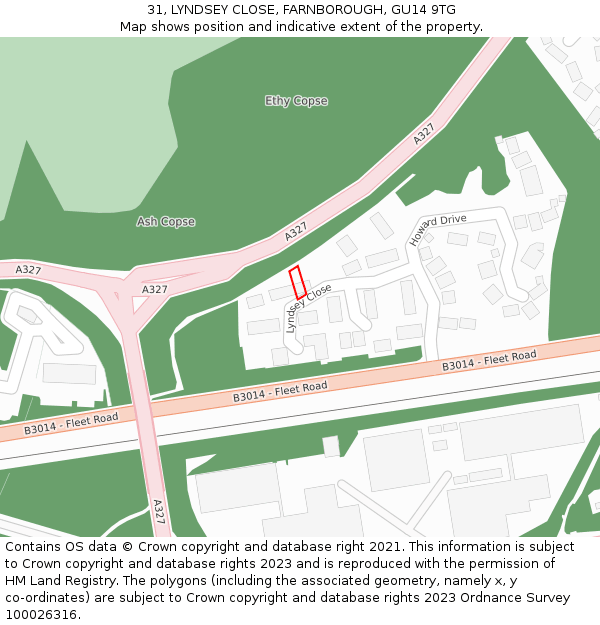 31, LYNDSEY CLOSE, FARNBOROUGH, GU14 9TG: Location map and indicative extent of plot