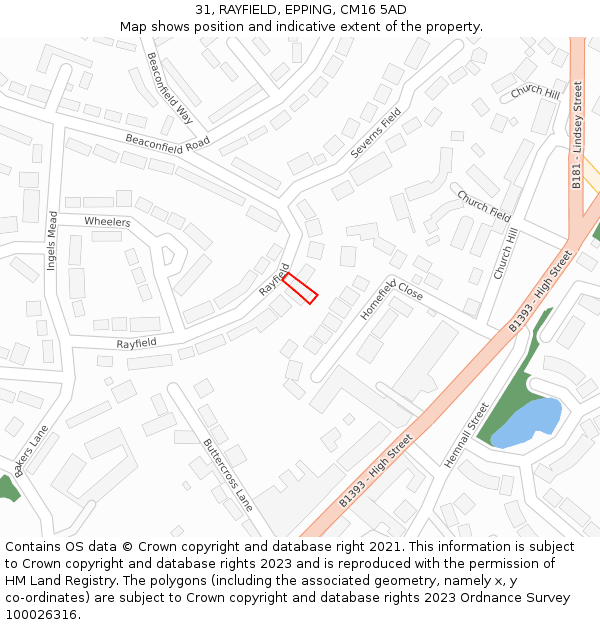 31, RAYFIELD, EPPING, CM16 5AD: Location map and indicative extent of plot