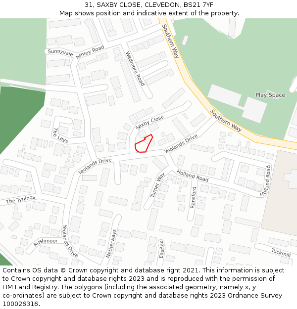 31, SAXBY CLOSE, CLEVEDON, BS21 7YF: Location map and indicative extent of plot