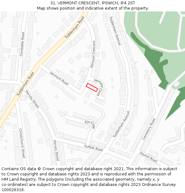 31, VERMONT CRESCENT, IPSWICH, IP4 2ST: Location map and indicative extent of plot