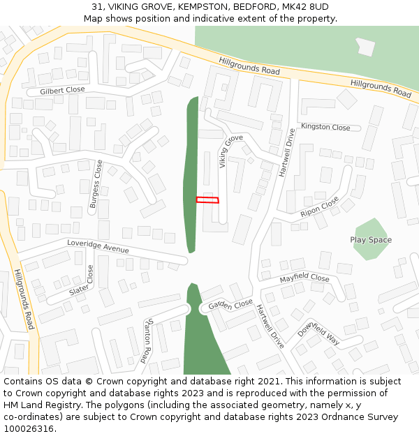 31, VIKING GROVE, KEMPSTON, BEDFORD, MK42 8UD: Location map and indicative extent of plot