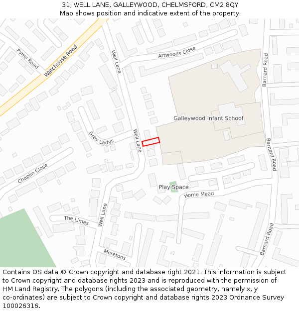 31, WELL LANE, GALLEYWOOD, CHELMSFORD, CM2 8QY: Location map and indicative extent of plot