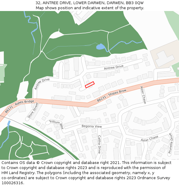 32, AINTREE DRIVE, LOWER DARWEN, DARWEN, BB3 0QW: Location map and indicative extent of plot