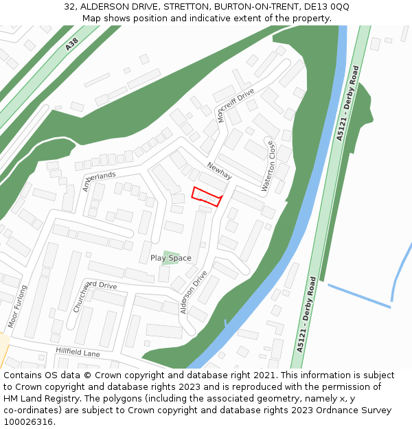 32, ALDERSON DRIVE, STRETTON, BURTON-ON-TRENT, DE13 0QQ: Location map and indicative extent of plot