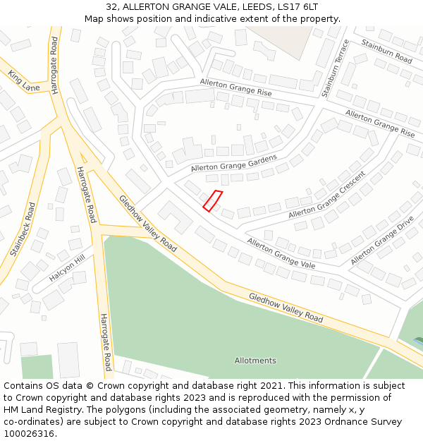 32, ALLERTON GRANGE VALE, LEEDS, LS17 6LT: Location map and indicative extent of plot