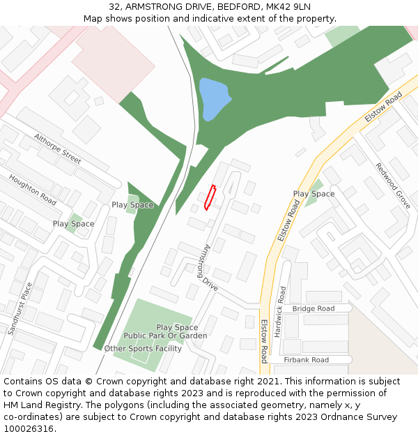 32, ARMSTRONG DRIVE, BEDFORD, MK42 9LN: Location map and indicative extent of plot