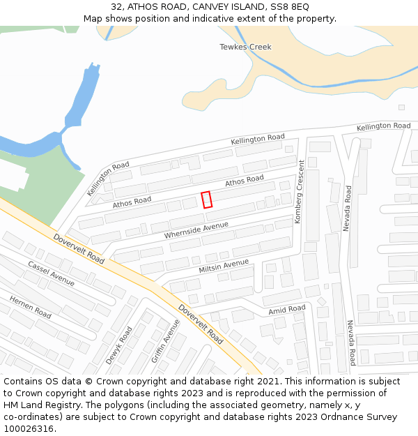 32, ATHOS ROAD, CANVEY ISLAND, SS8 8EQ: Location map and indicative extent of plot