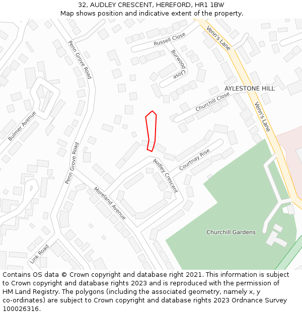 32, AUDLEY CRESCENT, HEREFORD, HR1 1BW: Location map and indicative extent of plot
