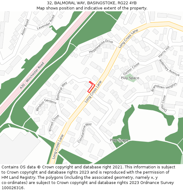 32, BALMORAL WAY, BASINGSTOKE, RG22 4YB: Location map and indicative extent of plot