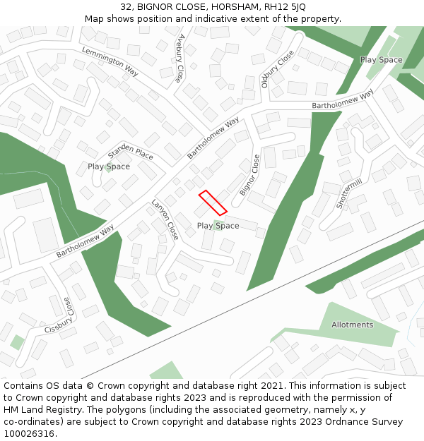 32, BIGNOR CLOSE, HORSHAM, RH12 5JQ: Location map and indicative extent of plot