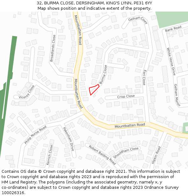 32, BURMA CLOSE, DERSINGHAM, KING'S LYNN, PE31 6YY: Location map and indicative extent of plot