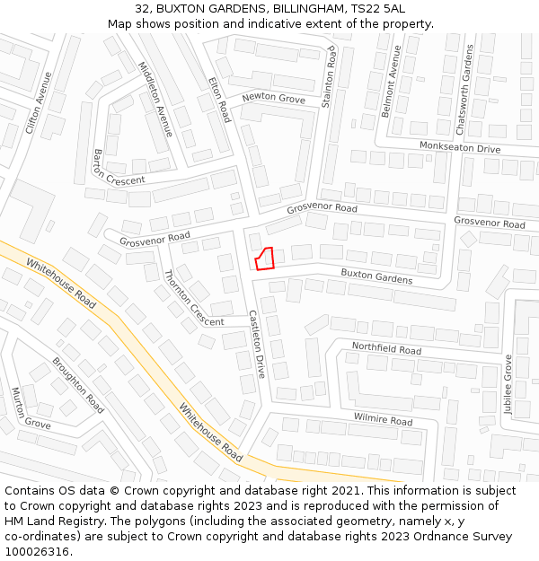 32, BUXTON GARDENS, BILLINGHAM, TS22 5AL: Location map and indicative extent of plot
