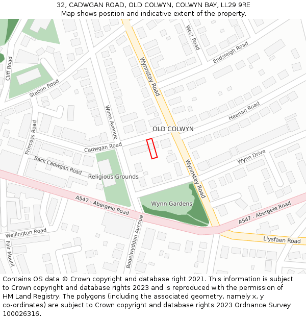 32, CADWGAN ROAD, OLD COLWYN, COLWYN BAY, LL29 9RE: Location map and indicative extent of plot