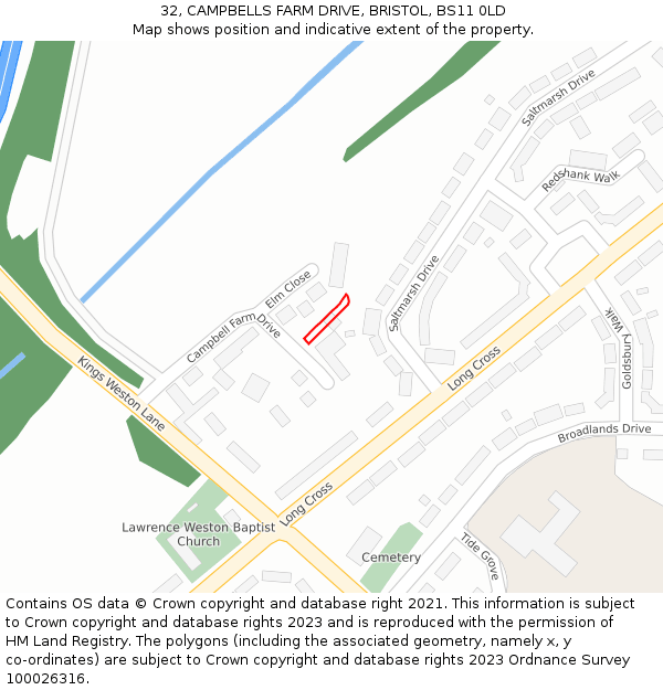 32, CAMPBELLS FARM DRIVE, BRISTOL, BS11 0LD: Location map and indicative extent of plot