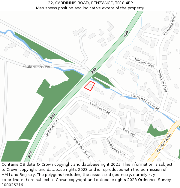 32, CARDINNIS ROAD, PENZANCE, TR18 4RP: Location map and indicative extent of plot