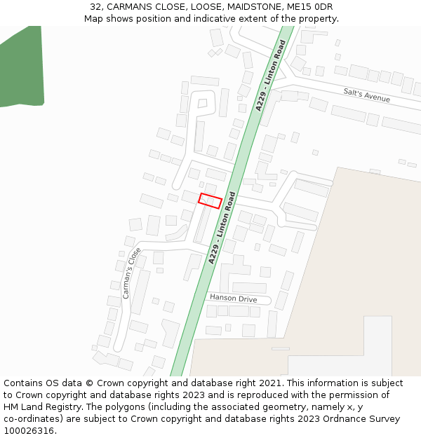 32, CARMANS CLOSE, LOOSE, MAIDSTONE, ME15 0DR: Location map and indicative extent of plot