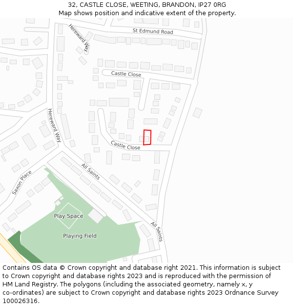 32, CASTLE CLOSE, WEETING, BRANDON, IP27 0RG: Location map and indicative extent of plot