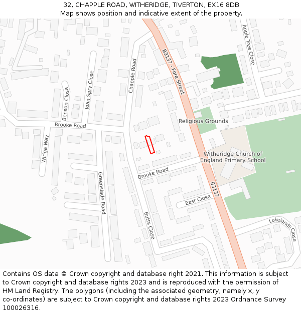 32, CHAPPLE ROAD, WITHERIDGE, TIVERTON, EX16 8DB: Location map and indicative extent of plot