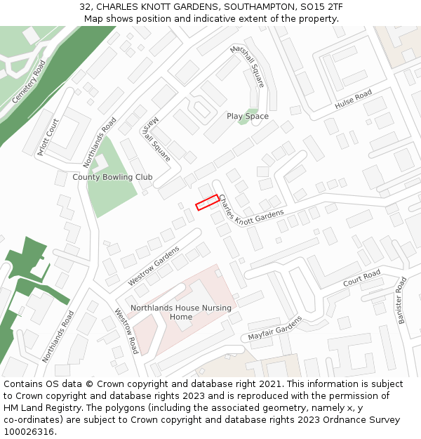 32, CHARLES KNOTT GARDENS, SOUTHAMPTON, SO15 2TF: Location map and indicative extent of plot