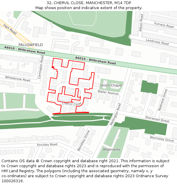 32, CHERVIL CLOSE, MANCHESTER, M14 7DP: Location map and indicative extent of plot