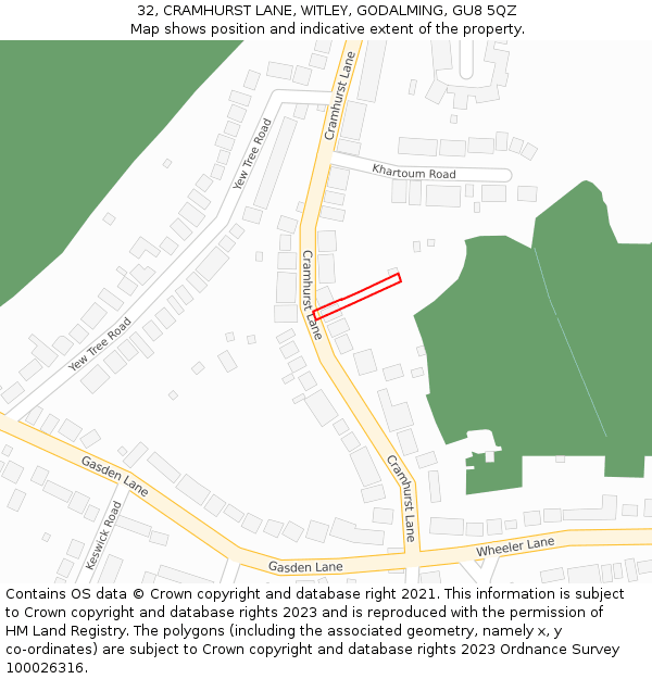 32, CRAMHURST LANE, WITLEY, GODALMING, GU8 5QZ: Location map and indicative extent of plot