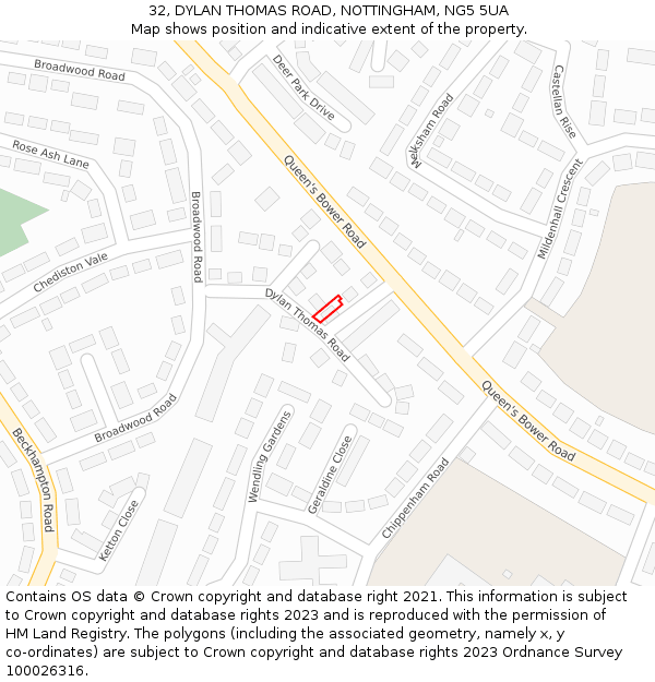 32, DYLAN THOMAS ROAD, NOTTINGHAM, NG5 5UA: Location map and indicative extent of plot