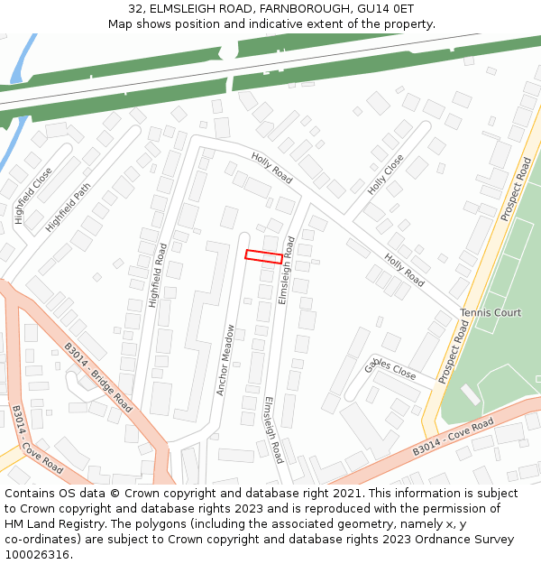 32, ELMSLEIGH ROAD, FARNBOROUGH, GU14 0ET: Location map and indicative extent of plot
