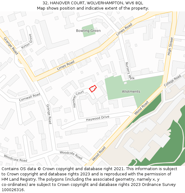 32, HANOVER COURT, WOLVERHAMPTON, WV6 8QL: Location map and indicative extent of plot