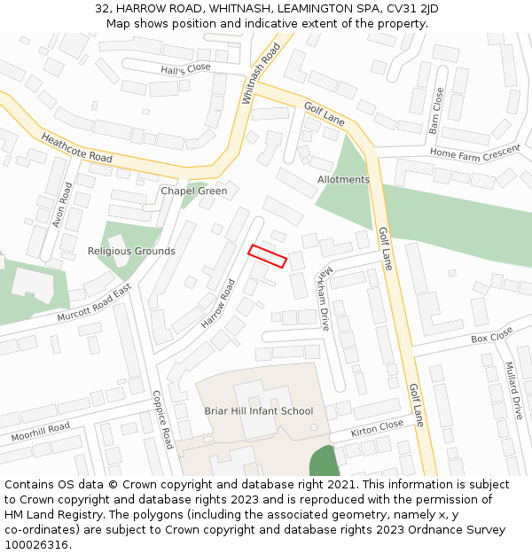 32, HARROW ROAD, WHITNASH, LEAMINGTON SPA, CV31 2JD: Location map and indicative extent of plot