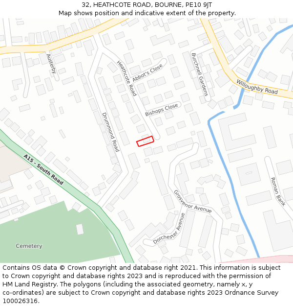 32, HEATHCOTE ROAD, BOURNE, PE10 9JT: Location map and indicative extent of plot