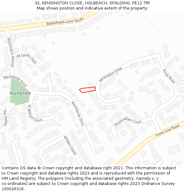 32, KENSINGTON CLOSE, HOLBEACH, SPALDING, PE12 7RF: Location map and indicative extent of plot