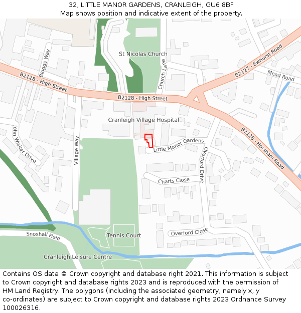 32, LITTLE MANOR GARDENS, CRANLEIGH, GU6 8BF: Location map and indicative extent of plot