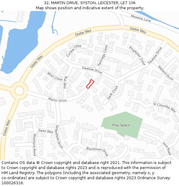 32, MARTIN DRIVE, SYSTON, LEICESTER, LE7 1YA: Location map and indicative extent of plot