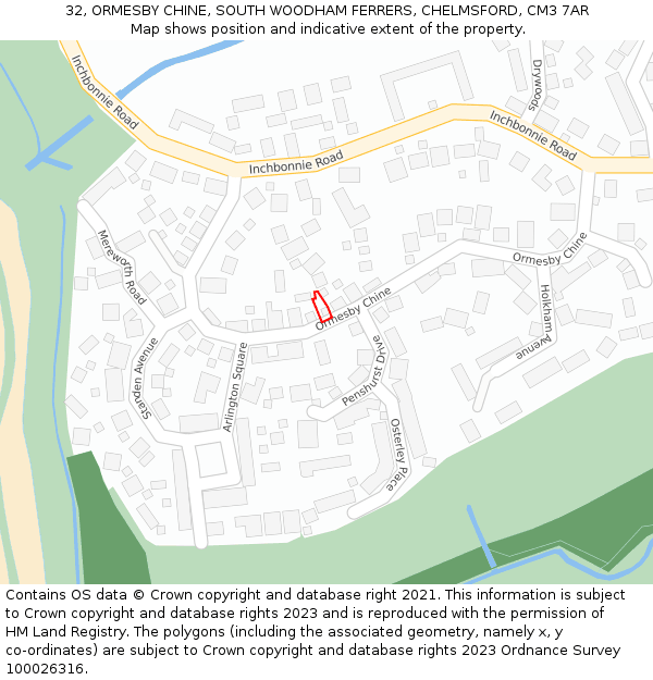 32, ORMESBY CHINE, SOUTH WOODHAM FERRERS, CHELMSFORD, CM3 7AR: Location map and indicative extent of plot