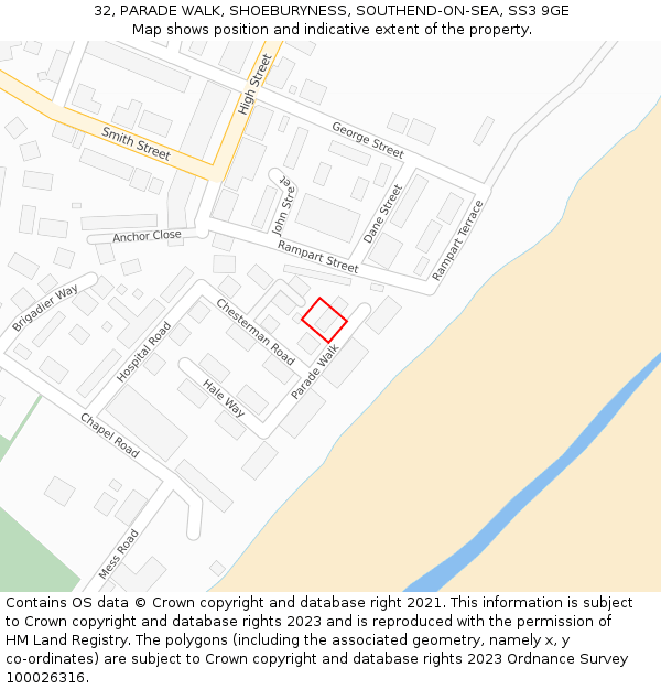 32, PARADE WALK, SHOEBURYNESS, SOUTHEND-ON-SEA, SS3 9GE: Location map and indicative extent of plot