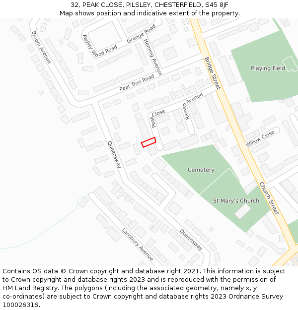 32, PEAK CLOSE, PILSLEY, CHESTERFIELD, S45 8JF: Location map and indicative extent of plot