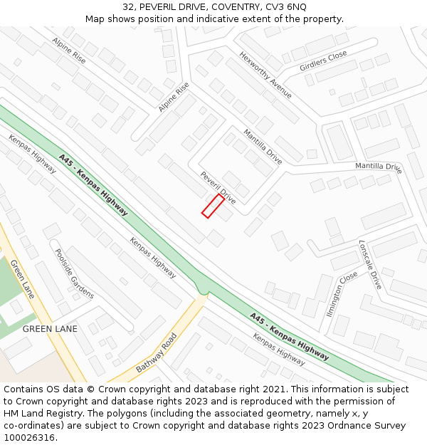 32, PEVERIL DRIVE, COVENTRY, CV3 6NQ: Location map and indicative extent of plot