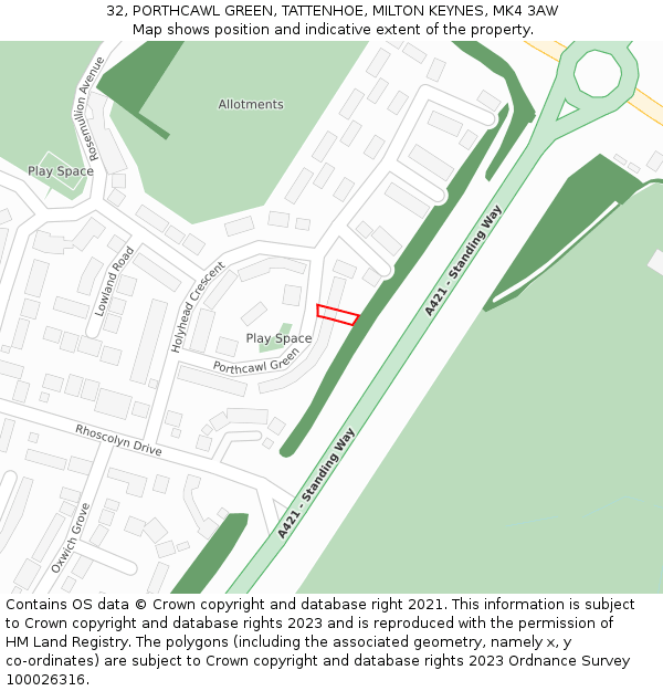 32, PORTHCAWL GREEN, TATTENHOE, MILTON KEYNES, MK4 3AW: Location map and indicative extent of plot