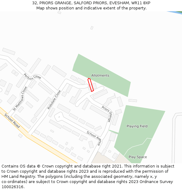 32, PRIORS GRANGE, SALFORD PRIORS, EVESHAM, WR11 8XP: Location map and indicative extent of plot