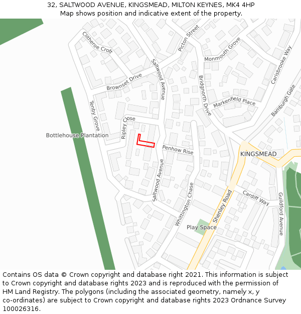 32, SALTWOOD AVENUE, KINGSMEAD, MILTON KEYNES, MK4 4HP: Location map and indicative extent of plot