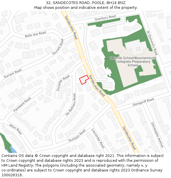 32, SANDECOTES ROAD, POOLE, BH14 8NZ: Location map and indicative extent of plot