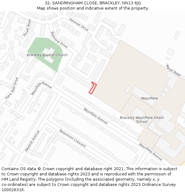 32, SANDRINGHAM CLOSE, BRACKLEY, NN13 6JQ: Location map and indicative extent of plot