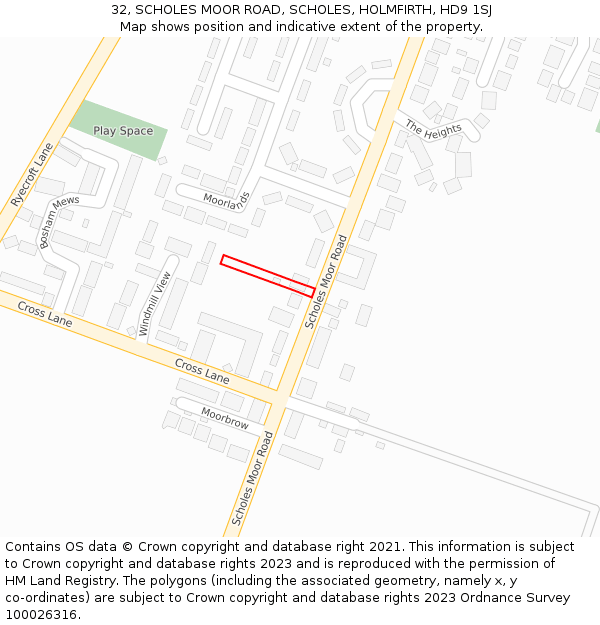 32, SCHOLES MOOR ROAD, SCHOLES, HOLMFIRTH, HD9 1SJ: Location map and indicative extent of plot