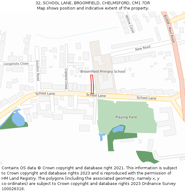 32, SCHOOL LANE, BROOMFIELD, CHELMSFORD, CM1 7DR: Location map and indicative extent of plot