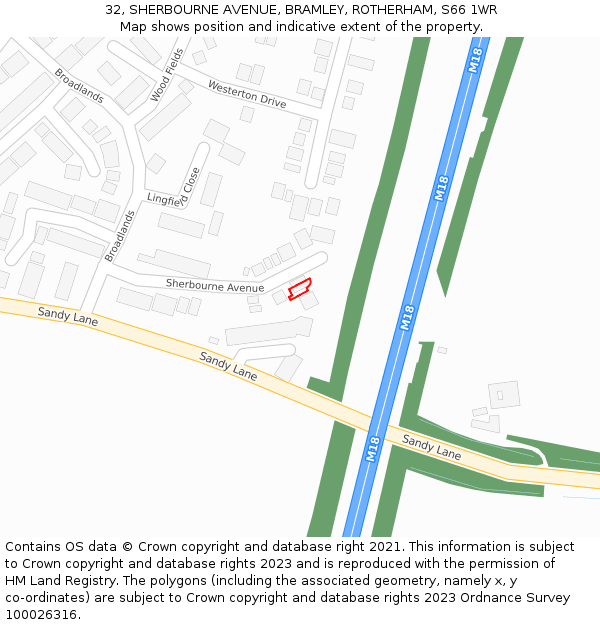 32, SHERBOURNE AVENUE, BRAMLEY, ROTHERHAM, S66 1WR: Location map and indicative extent of plot