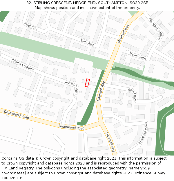 32, STIRLING CRESCENT, HEDGE END, SOUTHAMPTON, SO30 2SB: Location map and indicative extent of plot