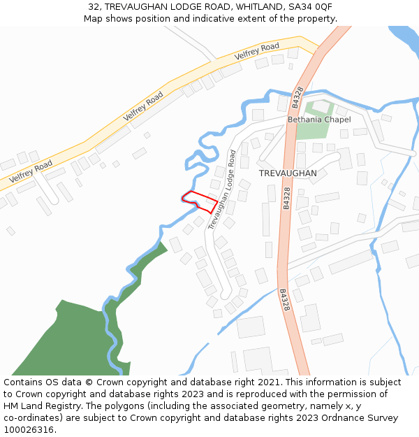 32, TREVAUGHAN LODGE ROAD, WHITLAND, SA34 0QF: Location map and indicative extent of plot