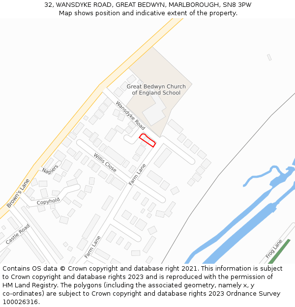 32, WANSDYKE ROAD, GREAT BEDWYN, MARLBOROUGH, SN8 3PW: Location map and indicative extent of plot