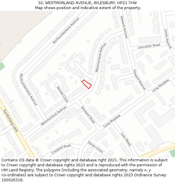 32, WESTMORLAND AVENUE, AYLESBURY, HP21 7HW: Location map and indicative extent of plot