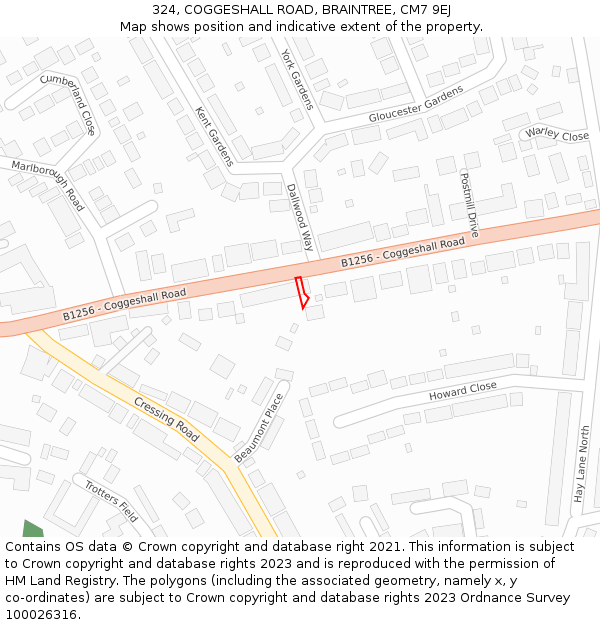 324, COGGESHALL ROAD, BRAINTREE, CM7 9EJ: Location map and indicative extent of plot